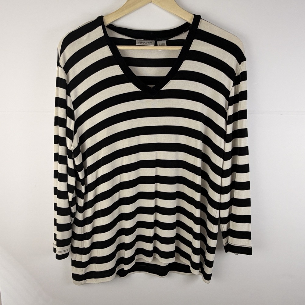 Chico's Travelers Black White Stripe V Neck Top Size 3 XL